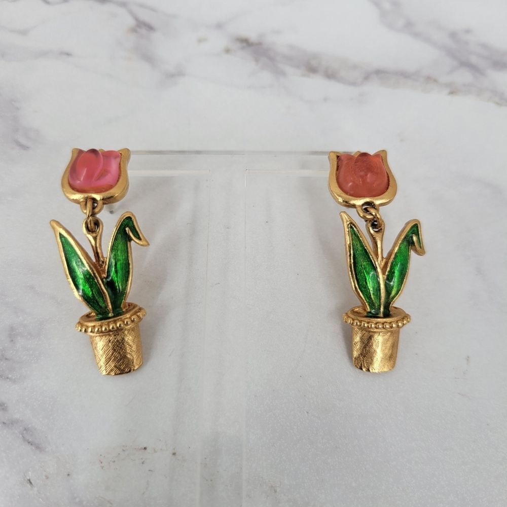 Avon Vintage Gold and Green Pink Tulip Earrings Stud Dangle Drop Pierced